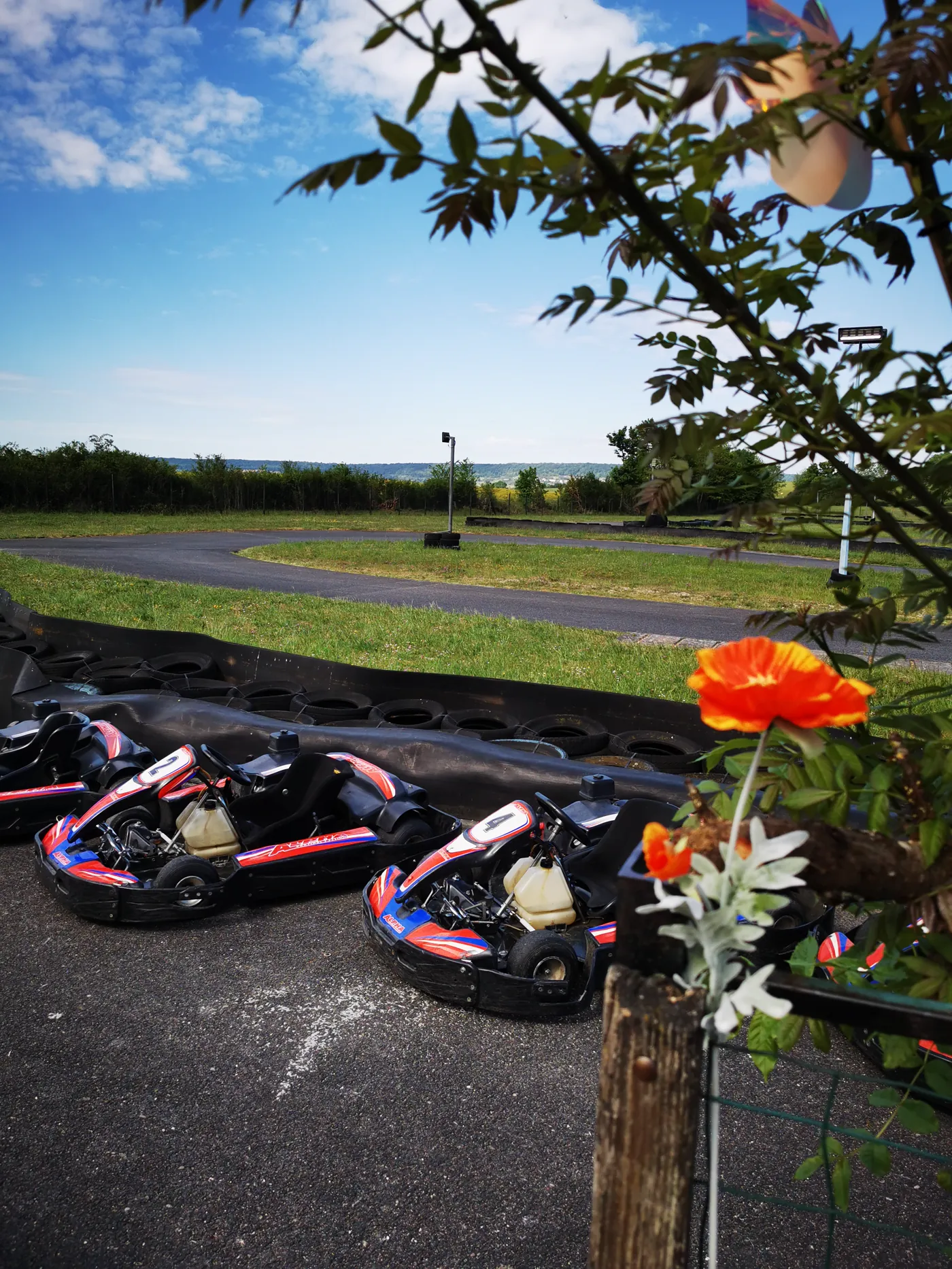 Karts garés au bord de la piste, coquelicot au premier plan