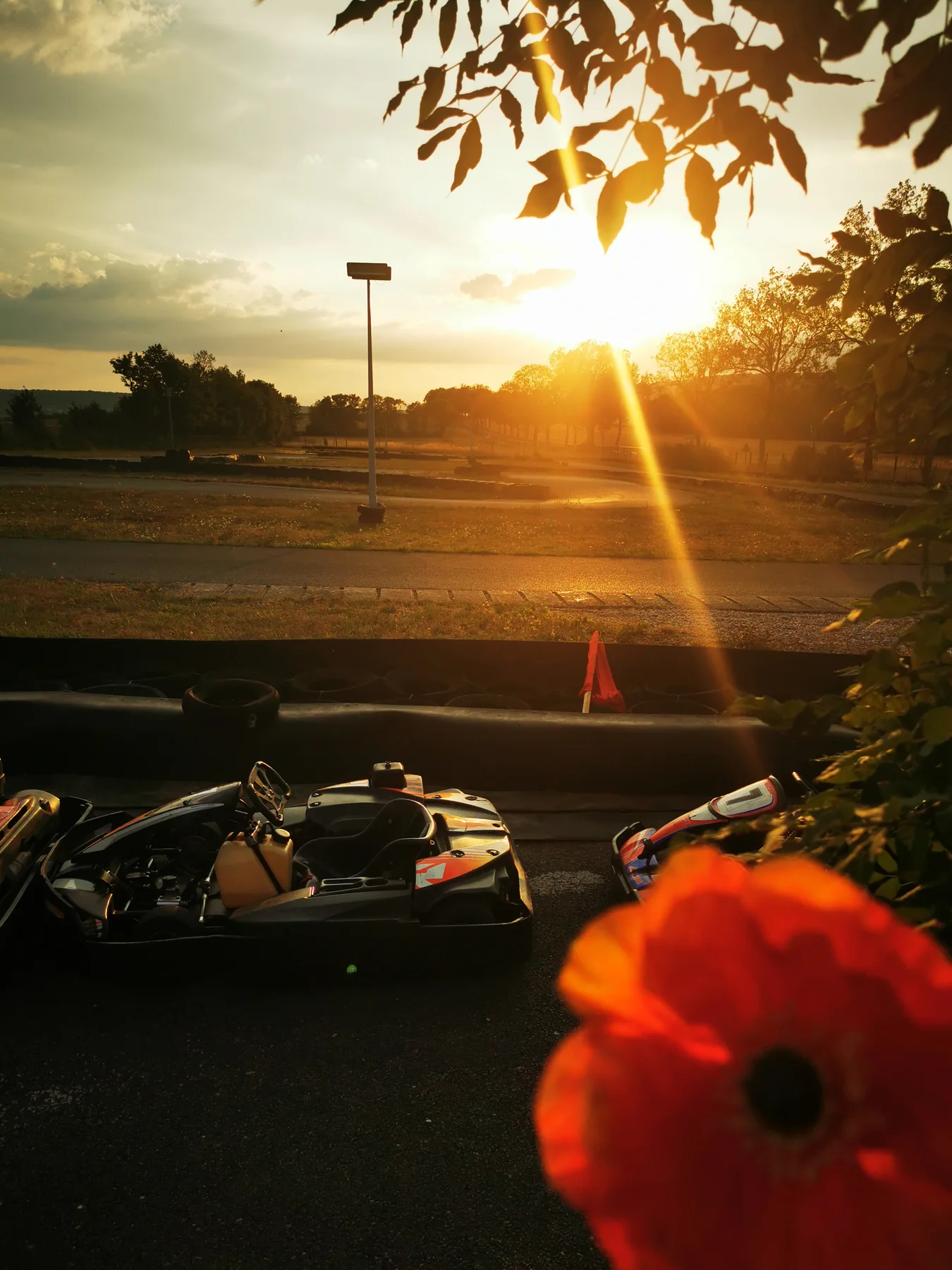 Coucher de soleil sur la piste, karts et coquelicot au premier plan